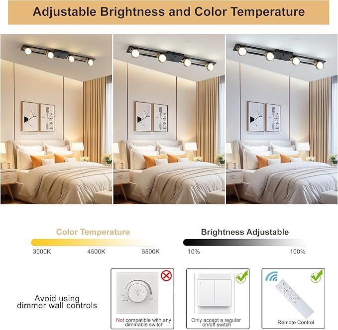 Garwarm Modern Ceiling Light Track Lighting Fixtures, 35.4 Inch Dimmable LED Kitchen Ceiling Light with Remote 4-Light Black LED Chandelier for Dining Room Bedroom