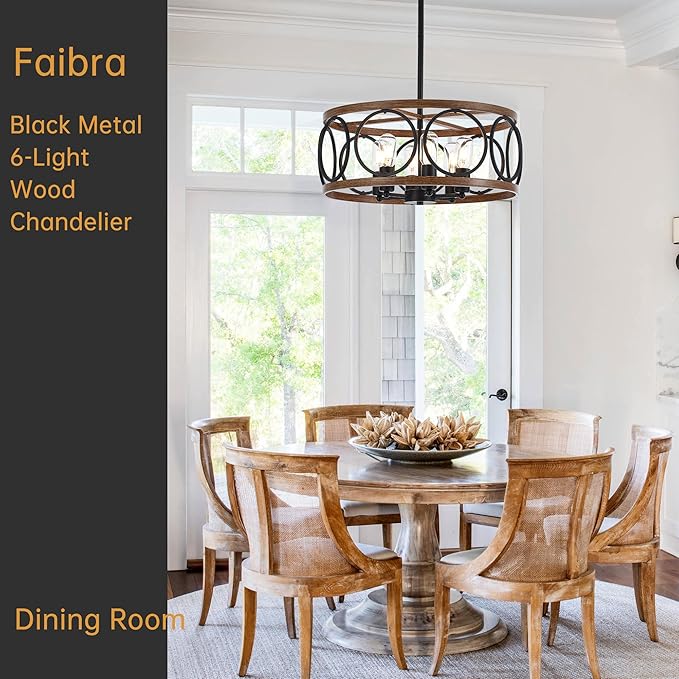6-Light Farmhouse Drum Pendant Light,19.7'' Nature Wood Texture Vintage Rustic Chandeliers Black Metal Industrial Hanging Light Fixtures for Entryway, Bedroom Dining Room