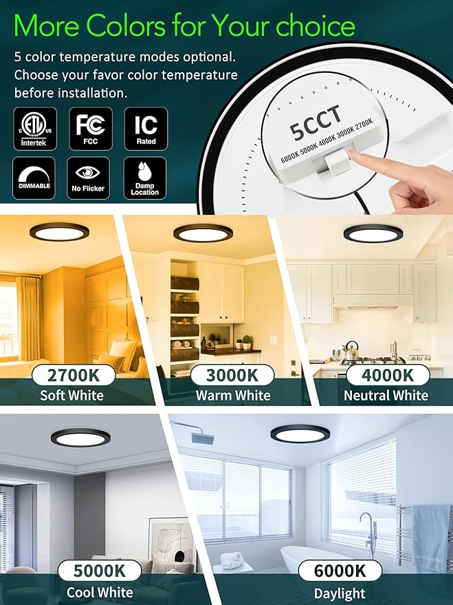 zouzai 7 Inch Low Profile Round LED Flush Mount Ceiling Light, 15W 1510LM, 5CCT 2700K/3000K/4000K/5000K/6000K, Dimmable, Surface Mounted, Modern Indoor Lighting for Bedroom, Hallway (Black, 12Pack)