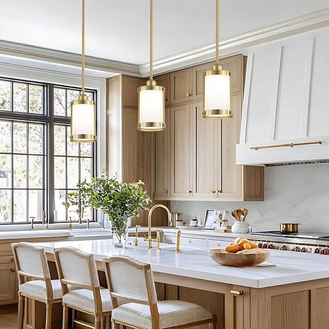 Brushed Gold Milk Glass Pendant Light Kitchen Island,Modern Brass Mini Pendant Lighting,Farmhouse Art Deco Chandelier Hanging Light Fixtures Over Sink for Dining Room