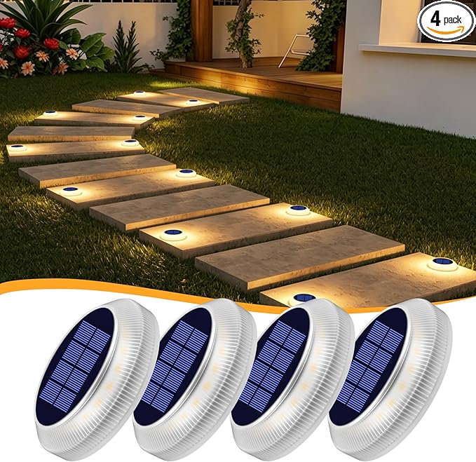 Honalia Solar Deck Lights Outdoor, 4 Pack Warm White Solar Powered Driveway Lights, Waterproof Stick on Solar Dock Lights for Stair, Patio, Pathway, Yard, Walkway, Sidewalk, Step