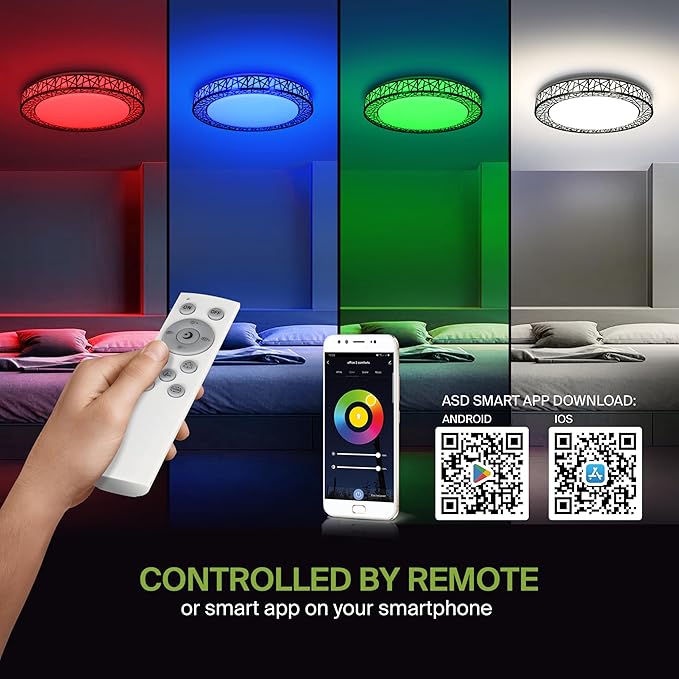 ASD 20 Inch Smart RGBW Flush Mount Ceiling Light with Remote - Matte Black 42W 120V 2700-6500K Dimmable Ceiling Light Fixture, WiFi App Control RGB Lights, Alexa & Google Assistant - ETL, 2 Pack