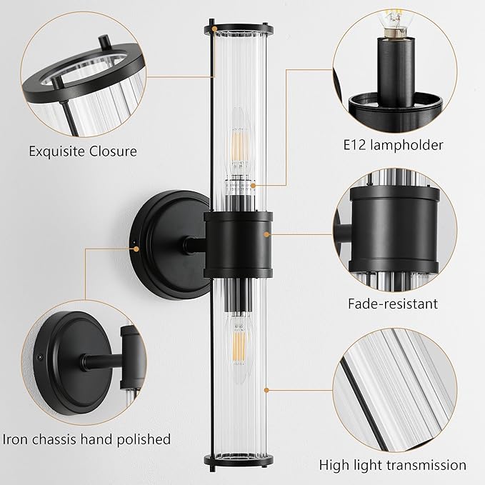 Wall Sconces Set of Two, Black Bathroom Sconces Wall Lighting - Modern Vanity Light Vertical and Horizontal Wall Mount 2-Light Indoor Wall Light for Hallway Living Room(E12 Bulbs Excluded)