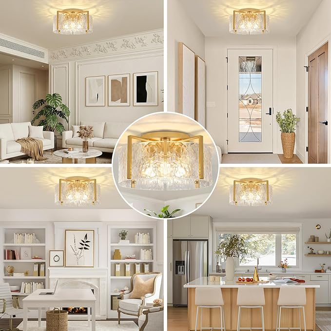 16'' Modern Gold Semi Flush Mount Ceiling Light, 4-Light Glass Drum Light Fixtures, Ceiling Lights for Hallway Entryway Bedroom Kitchen Canteen Bedroom Laundry Room Lighting Fixture Bulbs not Included