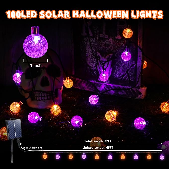 Joomer Orange Purple Halloween Solar String Light,65FT 100LED Crystal Globe | with 8 Lighting Modes,IP65 Waterproof Auto On/Off Solar Powered Lights for Garden Yard Outdoor Halloween Decor