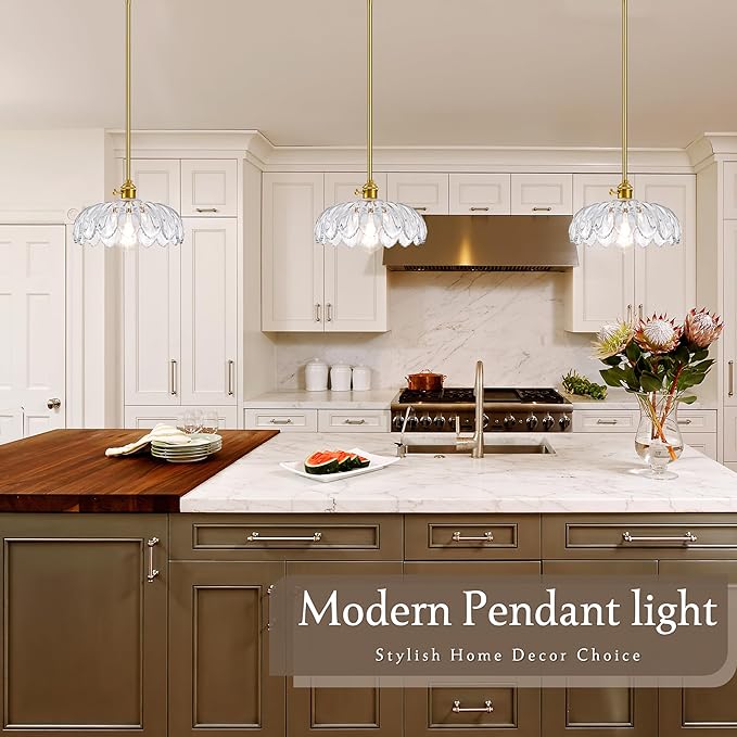 Mid Century Modern Pendant Light 2 Pack Hanging Adjustable Pendant Lights with Brushed Gold Fixture Clear Flower Glass Vintage Chandelier for Kitchen Island Bedroom Dining Room（Bulb Incl.）