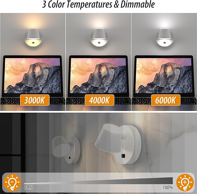 URSOLA Battery Operated Wall Sconce with Remote, LED Rechargeable Battery Wall Light with 9000mAh 3CCT and Dimmable Magnetic 360° Rotation Cordless Light for Bedroom（White）