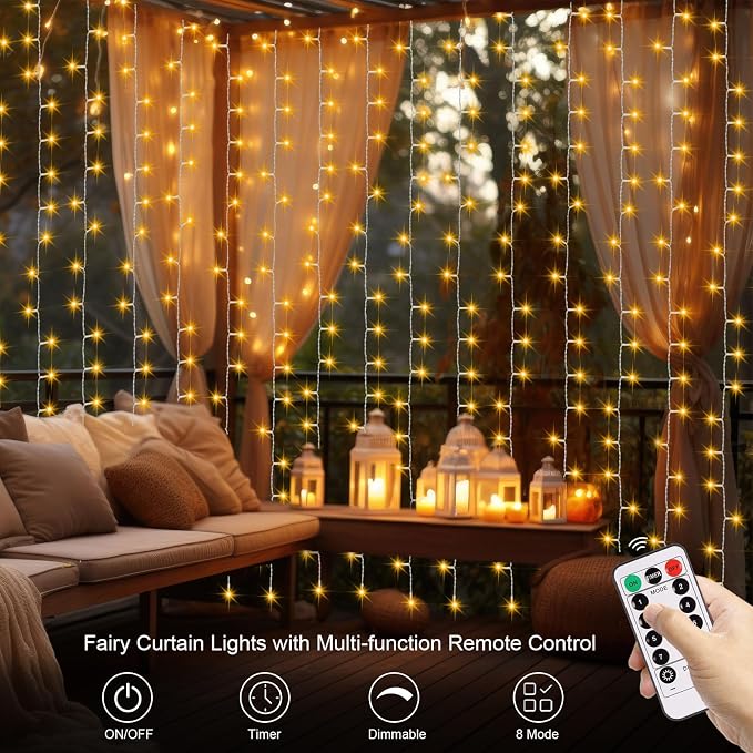 Christmas Battery Curtain Lights Warm White with Remote Timer 9.8×9.8ft