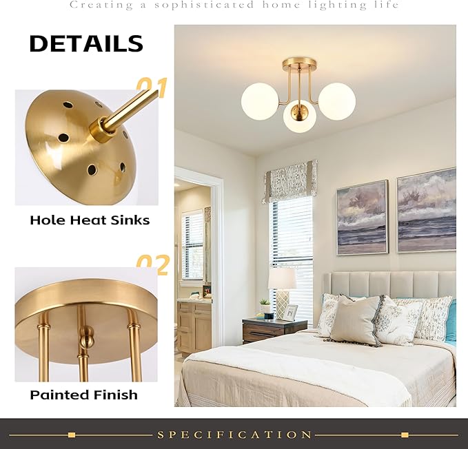 KoKo&Yukina 3-Light Semi Flush Mount Ceiling Light Globe Ceiling Light Mid Century Ceiling Light with Opal Milk Glass Globe & Brushed Brass for Bedroom Hallway Entryway Kitchen Living Room-Bulb Incl