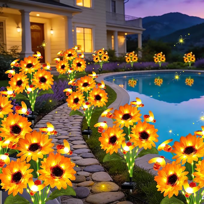 Kohlrabi Solar Garden Lights-6 Pack Solar Sunflowers with Swaying Bees, Gifts for Mom Women Mothers Day Birthday, Waterproof Sunflower Light for Outdoor Patio Yard Decor