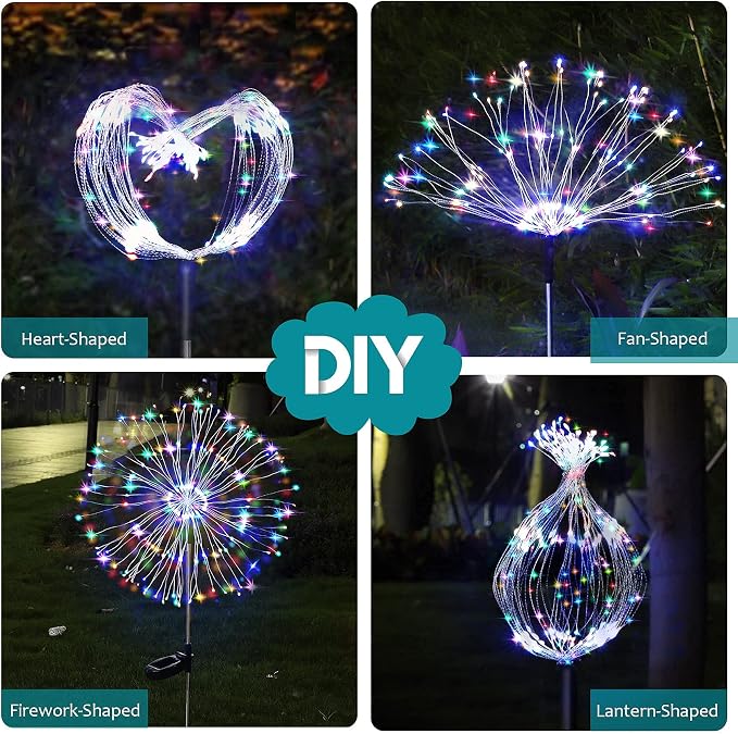 JJGoo Solar Firework Lights, 2 Pack 120 LEDs 2 Lighting Modes Solar Garden Lights Outdoor Waterproof for Yard Patio Walkway Pathway Party Wedding Christmas Decorative - Colorful