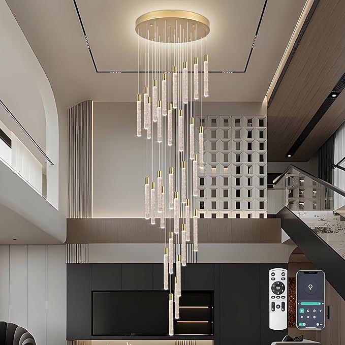 30-Light Gold High Ceiling Chandeliers Modern Crystal Chandeliers for Entryway Long Spiral LED Dimmable Chandelier Flush Mount Ceiling Staircase Foyer Living Room Ceilings Light Fixture
