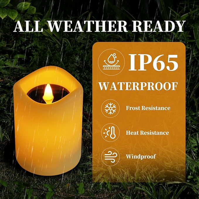 Solar Candles Outdoor Waterproof 2 Pack, 3"x4" Flickering Flameless Solar Pillar Candle Lights, Dusk to Dawn Warm Amber Solar Candles for Lanterns, Garden, Patio, Porch, Backyard Decor, Memorial Gifts