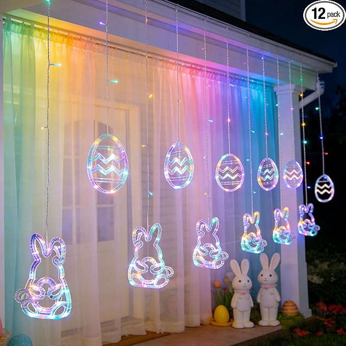 Dazzle Bright Easter Lights, 222LED 9FT Pastel Rabbit and Eggs Curtain String Lights with 8 Modes, Plug in Easter Decorations for Indoor Window Outdoor Party Decor (Pastel)