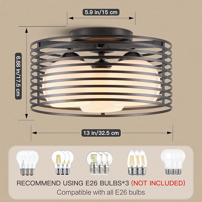 Modern Industrial Semi Flush Mount Ceiling Light, 3-Light Black Farmhouse Ceiling Light Fixture with Glass Shade, Hallway Lighting Fixture for Kitchen, Bedroom, Bathroom, Foyer, Laundry room 12.79in