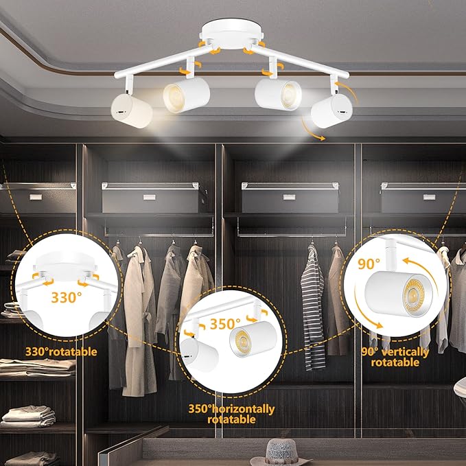 VANoopee 5-Color 4 Light LED Track Lighting Fixtures Ceiling for Kitchen, Dimmable Track Lighting Kit, Ceiling Spotlight Flush Mount Adjustable Directional Spot Lights Indoor, White CRI90 2400lm 30W