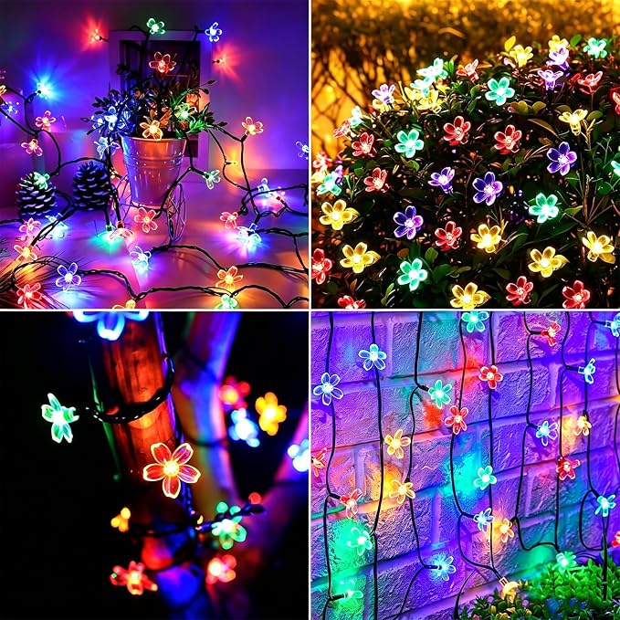 Solar String Flower Lights Outdoor 2 Pack 200 LED 80Ft Multi-Color Christmas Fairy Lights with 8 Lighting Modes, Waterproof Solar Lights Outdoor for Garden Christmas Wedding Xmas Tree Decoration