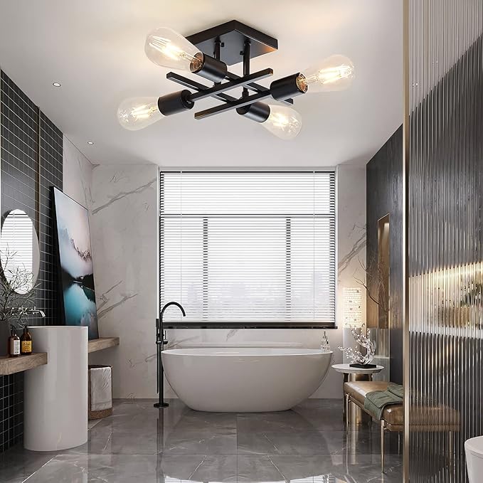 Industrial 4-Light Semi Flush Mount Ceiling Light Fixture, Farmhouse Black Chandelier Lighting, Modern E26 Base Sputnik Ceiling Lamp for Kitchen Bedroom Living Room Hallway Entryway