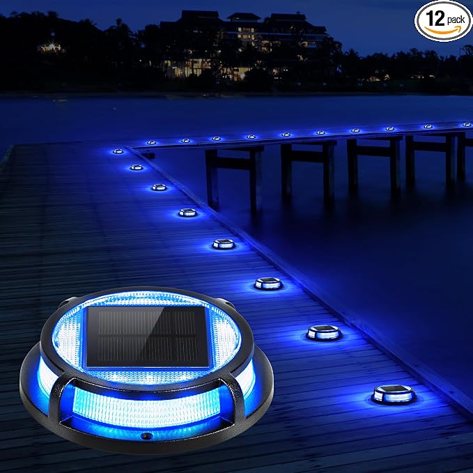 LUTEC 12 Pack Solar Deck Lights Driveway Dock 12 LEDs Light Solar Powered Outdoor Waterproof Road Markers for Step Sidewalk Stair Garden Ground Pathway Yard (Blue)