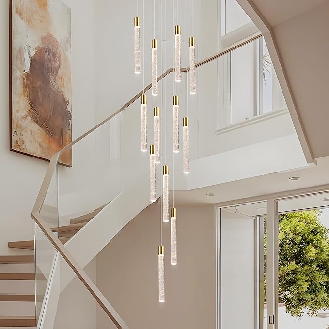 12-Light High Ceiling Chandeliers Modern Black Crystal Chandeliers for Entryway Long Spiral LED Dimmable Chandelier Flush Mount Ceiling Staircase Foyer Living Room Ceilings Light Fixture