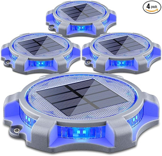 SIEDiNLAR Solar Deck Lights Outdoor 2 Modes LED Driveway Markers Dock Light Solar Powered Waterproof for Step Walkway Ground Stair Pathway Yard Road Garden 4 Pack (Blue/Red)