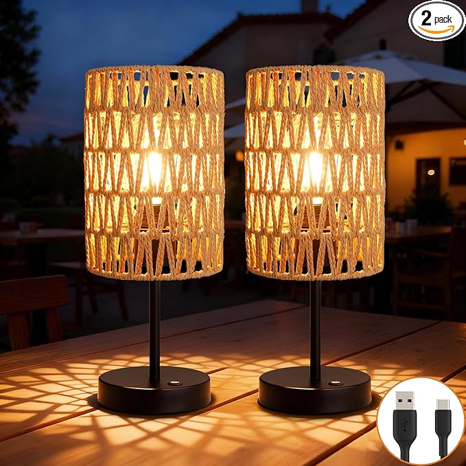 Rechargeable Outdoor Table Lamps, Rattan Boho Cordless Battery Operated Table Lamps, Patio Lamp for Living Room, Balcony, Bedside Decor- Set of 2 (Beige)