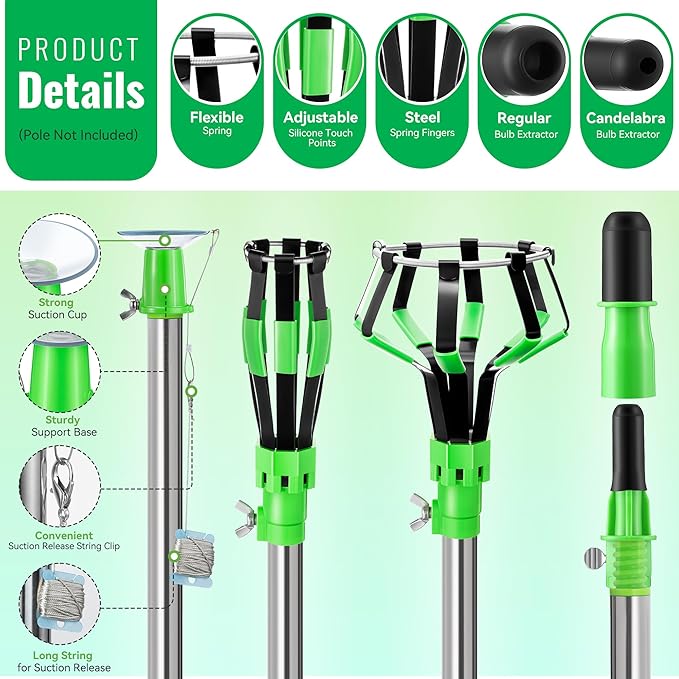 Dreyoo 4 Pieces Set Light Bulb Changer, Suction Cup and Cage Changer for Incandescent, Floodlight, Broken Bulb and Recessed Lights, Compatible with Standard Extension Pole, Pole Not Included(Green)