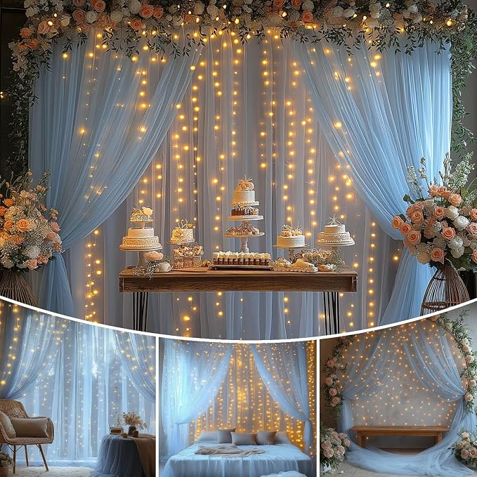 Baby Blue Tulle Backdrop Curtain with Lights String 10x8ft Sheer Drapes for Baby Shower Decorations for Boy, Bridal Shower, Photo Booth, Birthday Party Decor(2 Panels)