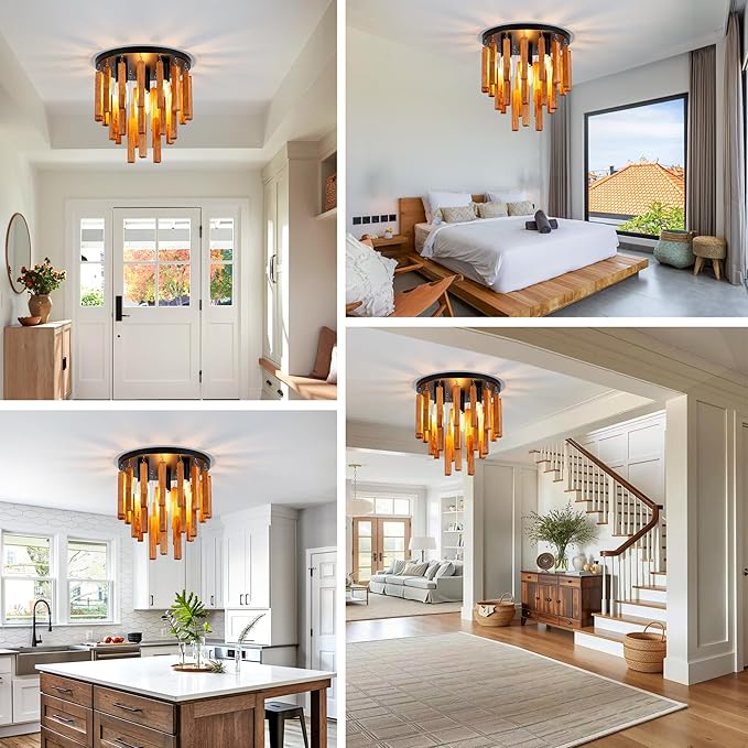 Farmhouse Light Fixture, 3-Light Wood Ceiling Light, Rustic Light Fixture with Wood and Black Metal Finish, Farmhouse Semi Flush Chandelier for Bedroom, Hallway, Entryway, Kitchen