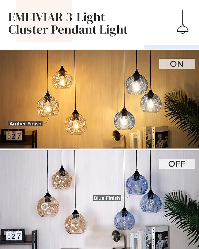 Emliviar 3-Light Globe Hanging Lights, Foyer Chandeliers with Hammered Glass Shade, Cluster Hanging Lights in Blue Finish, DYE287G1-3 BK