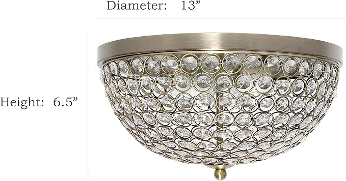 Elegant Designs FM1000-ABS Elipse Crystal 13 Inch Modern Metal 2 Light Bowl Shaped Ceiling Flush Mount Fixture, Antique Brass