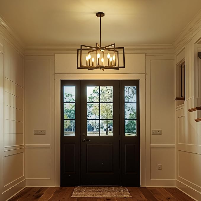 Klgxnrd 8-Light Modern Farmhouse Black Geometric Chandelier, Adjustable Height Dining Room Light Fixtures Over Table, Large Industrial Metal Chandeliers for Dining Room Kitchen Island Entryway