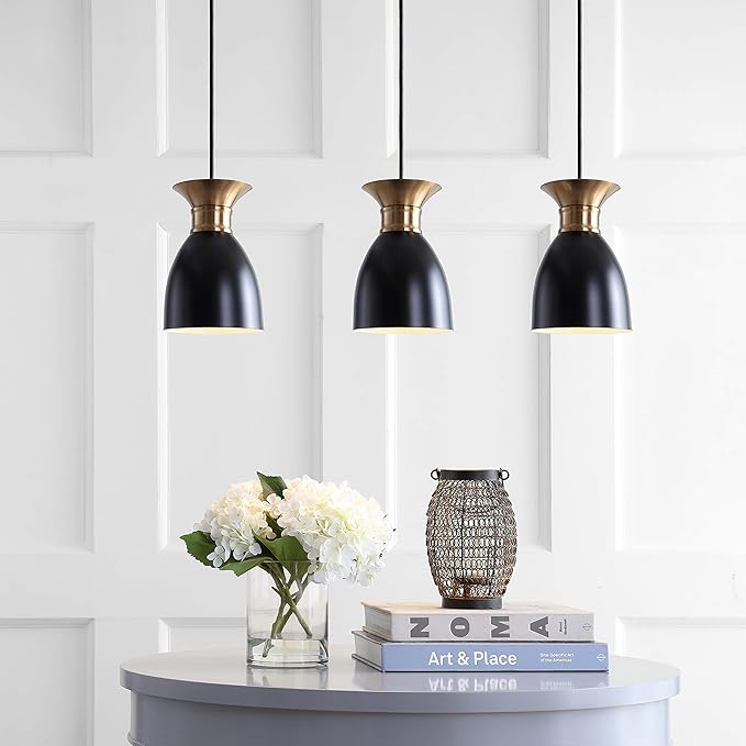JONATHAN Y 33.25" Black/Brass Gold Modern Metal LED Pendant Light Fixture, Adjustable Hanging Ceiling Lamp for Kitchen Island Bedside, Metal Black Shade, LED Bulb Included (JYL6138A)