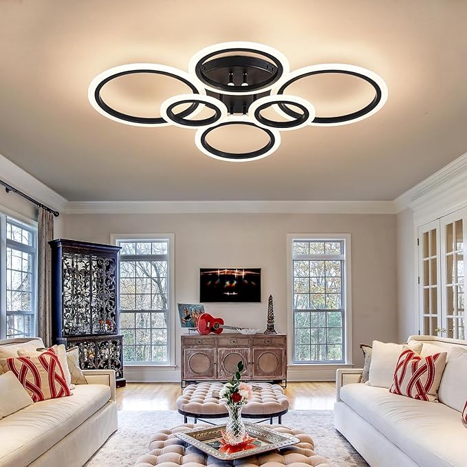 Shine LUEST 6 Rings Black Modern LED Ceiling Light Fixture, Flush Mount Ceiling Light with Remote Dimmable Brightness, Adjustable 3000-6000K Color Temperature, Timer for Living Room, Bedroom