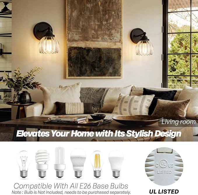 Vintage Hardwired Tulip Glass Wall Sconce Lighting, 1-Light Bathroom Vanity Light Fixture for Hallway Bedroom Living Room Bedside Nightstands Lights