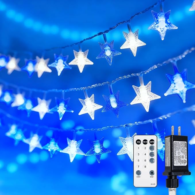 Star String Lights Plug in,39ft 100LED Fairy Lights with Remote, Hanging Star Decorations Lights Waterproof for Indoor Outdoor Bedroom Classroom Dorm Kids Tent Party Decor,Blue White