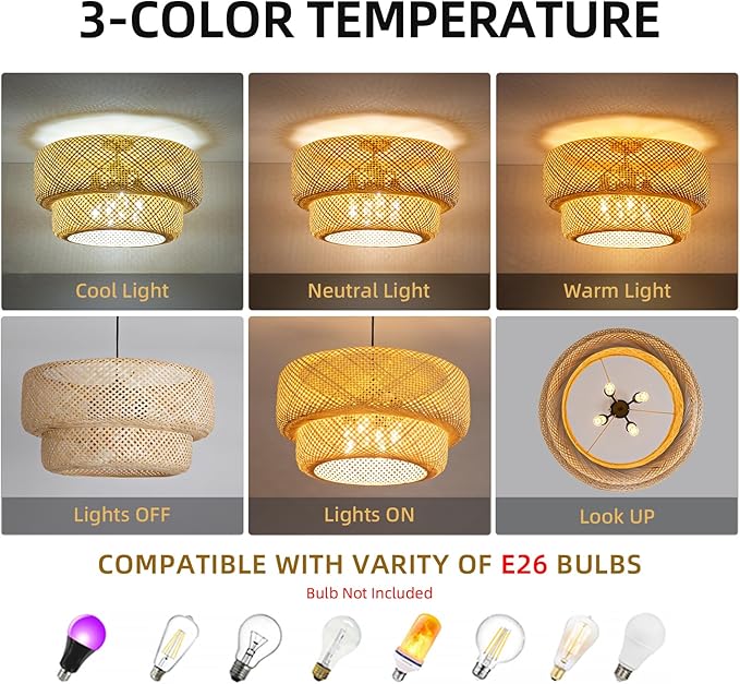 23.62" Bamboo Pendant Light,Boho Rattan Hanging Light,Hand Woven Wicker Chandelier for Kitchen Island for Kitchen Island Dining Bedroom Living Room Restaurants