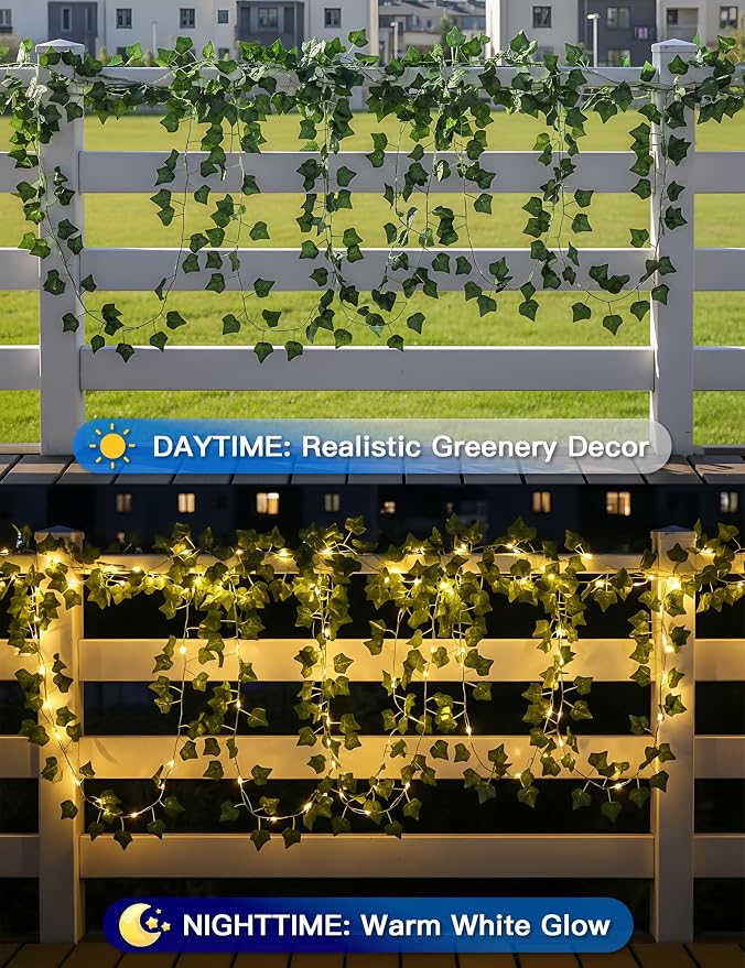suddus Solar Ivy String Lights Outdoor Waterproof, 33Ft 100 LED Fake Vines with Lights, Artificial Greenery Leaf Fairy Light for Privacy Fence, Wall, Patio, Garden, Balcony Decor (Warm White)