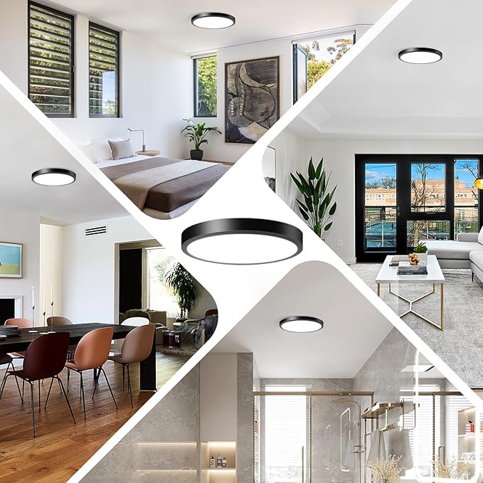 Black LED Flush Mount Ceiling Light Fixture, 100W Equivalent Dimmable Modern Recessed Ceiling Lamp 5000K Daylight White 15W 1200Lm 7 Inch Thin Flat Ceiling Light for Closet Kitchen Hallway, 1-Pack