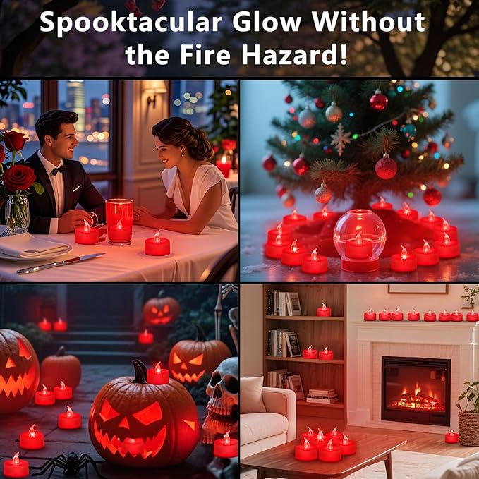 Tea Lights Battery Operated Candles LED Tea Lights Flameless Candles 200+ Hours Flickering Fake Tealights for Sweetest Day Wedding Home Decorations Party (Red Base, 24 Pack)