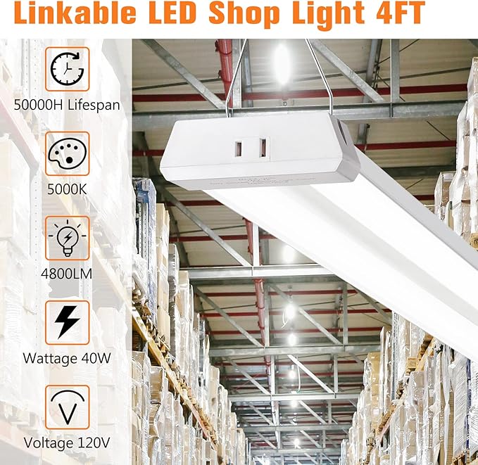4FT Linkable LED Shop Light for Garages, 42W 4800LM 5000K Daylight Led Shop Lights, Ceiling Light with Pull Chain (ON/Off), Linear Worklight Fixture with Plug, 2 Pack