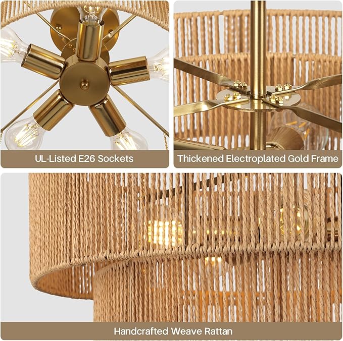 22” Boho 2-Tier Rattan Ceiling Light Fixture, 5-Light Flush Mount Woven Chandelier for Bedroom, Dining Room, Kitchen, Entryway, Living Room, Rustic Gold Lighting