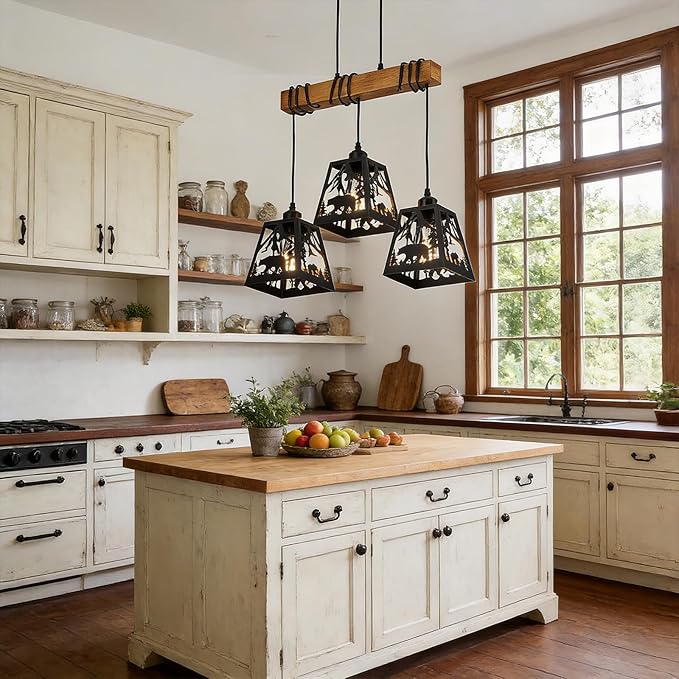 3-Lights Farmhouse Dining Room Pendant Light Fixtures, Rustic Solid Wood Kitchen Island Lighting Hanging with Bear Metal Shades for Restaurant, Kitchen Island, Hallway