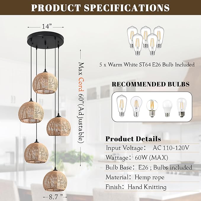 5-Light Woven Foyer Chandeliers for High Ceiling,5 Dome Boho Rattan Pendant Light Farmhouse Wicker Ceiling Light,rustic Hemp rope Light Fixture For Living Room Hallway Staircase Entryway(Bulb Incl.