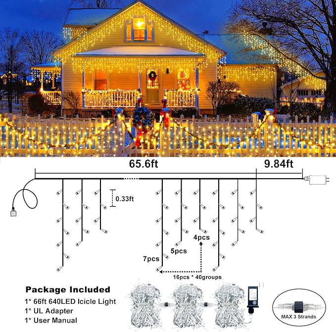 Icicle Christmas Lights Outdoor - 66FT 640 LED Icicle Lights for Outside with 8 Modes Timer, 120 Drops Waterproof Connectable Hanging String Lights Indoor for Eaves Patio Decorations, Warm White