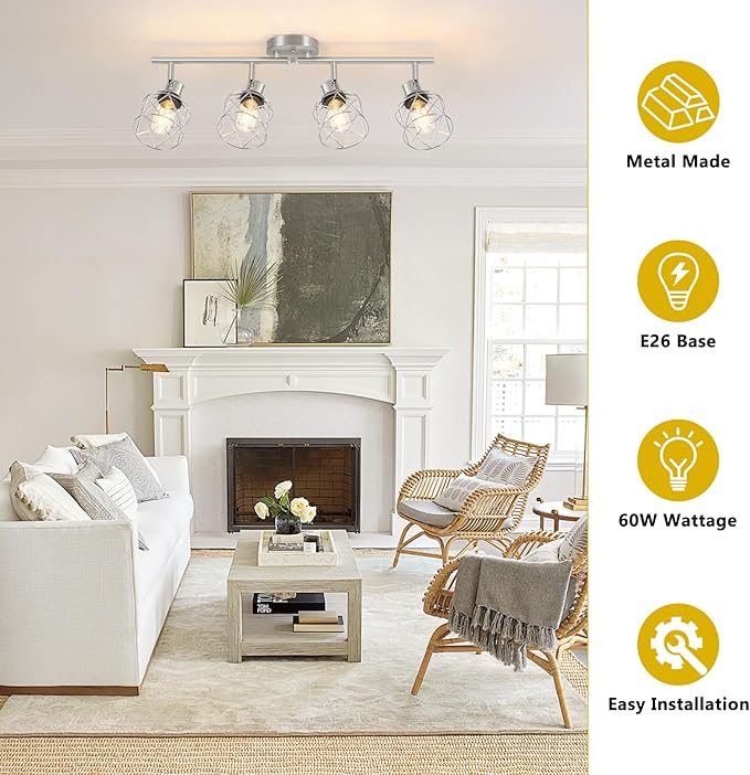 4-Light Kitchen Lighting Fixtures, Adjustable Multi-Directional Brushed Nickel Track Ceiling Light, Semi Flush Mount Ceiling Spotlight with Wire Cages for Living Room, Bedroom, Hallway