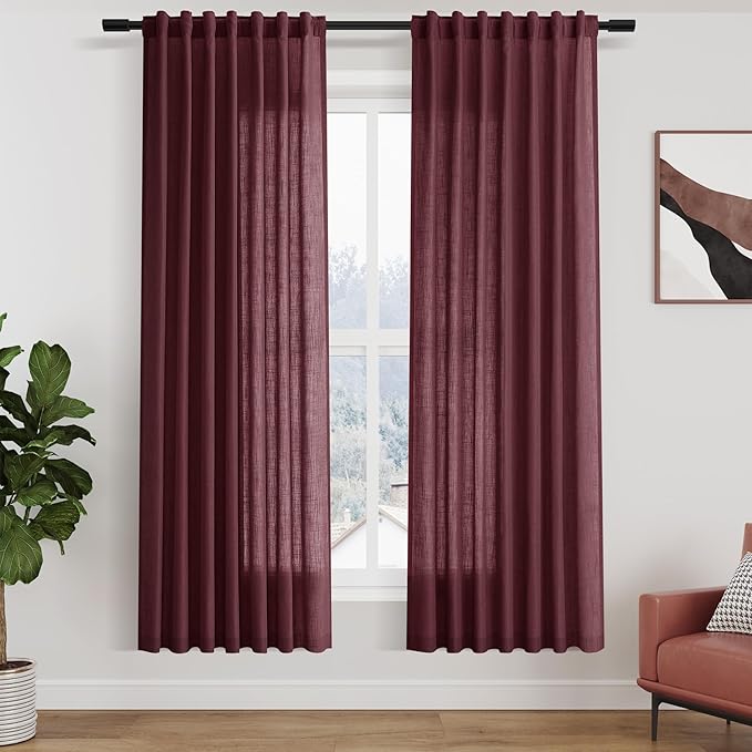 Nanspring Burgundy Linen Curtains 72 Inch Length for Living Room Semi Sheer Light Filtering Door Drapes 2 Panels Set for Kids Bedroom Light Filtering Back Tab Rod Pocket Modern Farmhouse Decor 52x72