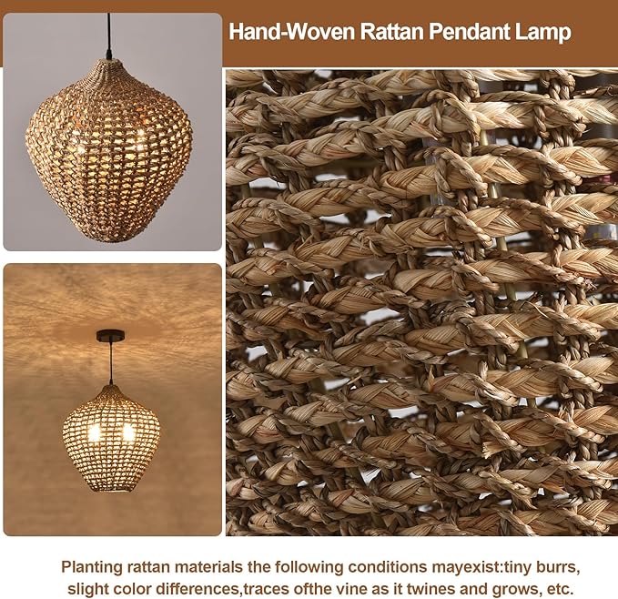 15.75" Rattan Pendant Light,2-Light Boho Hand Woven Coastal Wicker Hanging Ceiling Chandeliers,for Kitchen Island, Dining Room, Farmhouse,Foyer