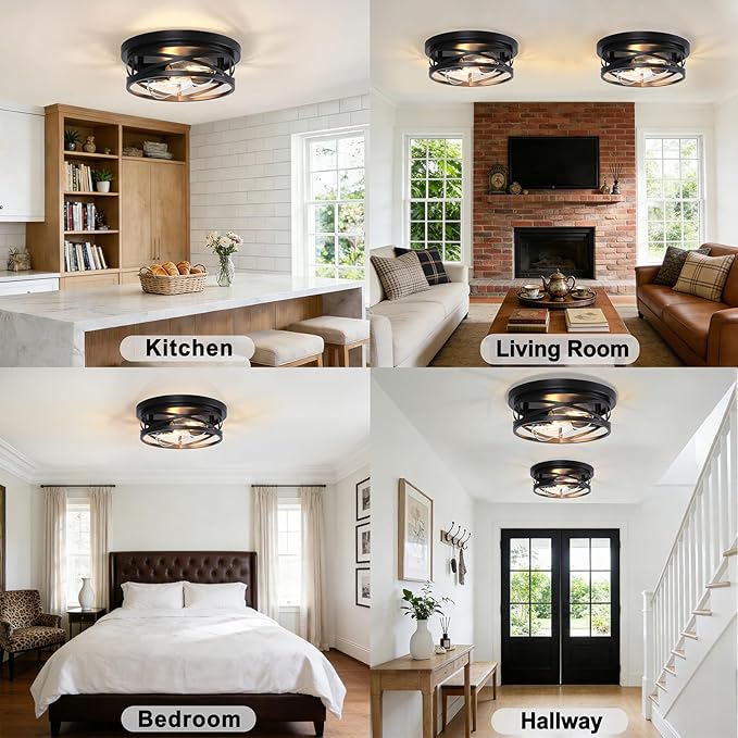 COTULIN Farmhouse Black Flush Mount Ceiling Lights 2 Pack, Industrial Metal Cage Hallway Round Light fixtures with Rustic Light fixtures for Living Room Bedroom, Hallway, Kitchen (2-Light)