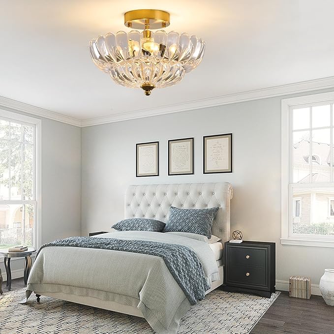 Gold Semi Flush Mount Ceiling Light, 12" Crystal Glass Vintage Light Fixture with E26 Base, 3-Light Modern Close to Ceiling Lamp for Bedroom Hallway Entryway Kitchen